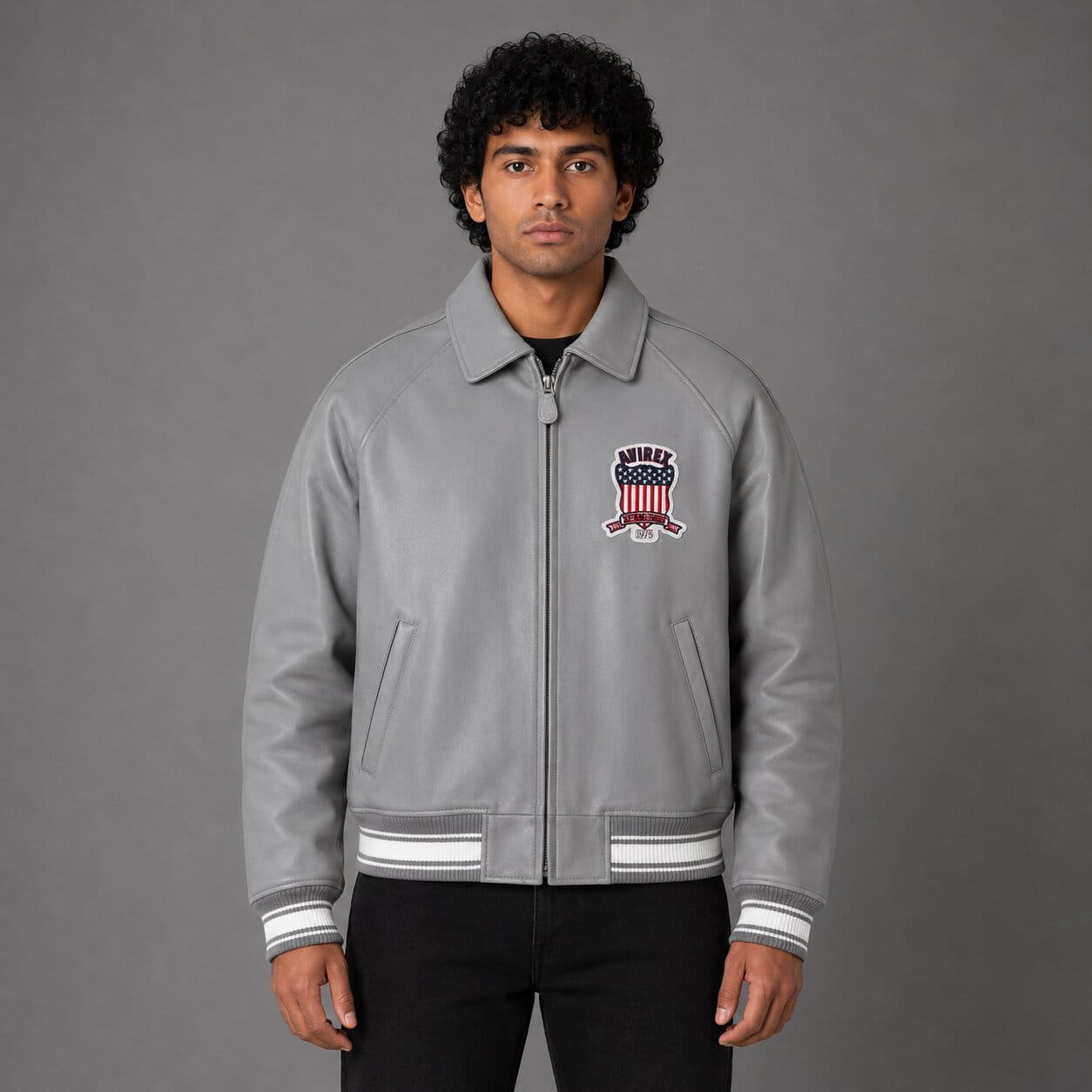 Front view Avirex grey American flight sheepskin leather varsity jacket men