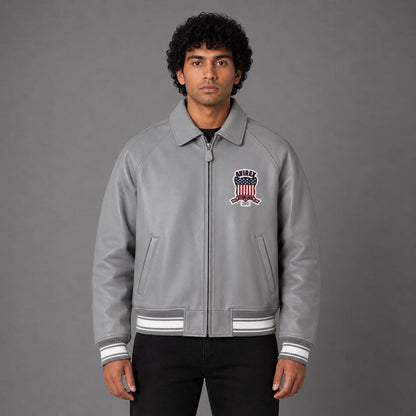 Front view Avirex grey American flight sheepskin leather varsity jacket men