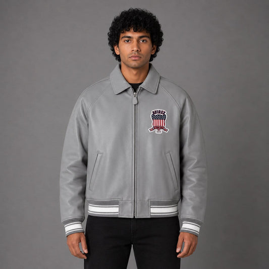 Front view Avirex grey American flight sheepskin leather varsity jacket men