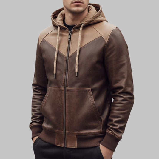 Genuine Leather Zipper Hoodie Men Handmade Brown Streetwear