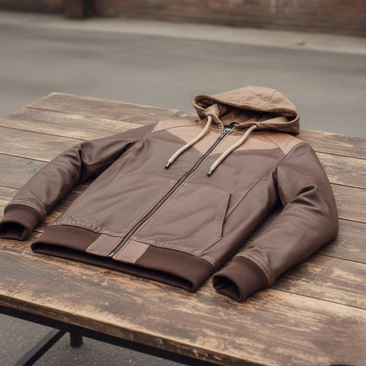 Genuine Leather Zipper Hoodie Men Handmade Brown Streetwear