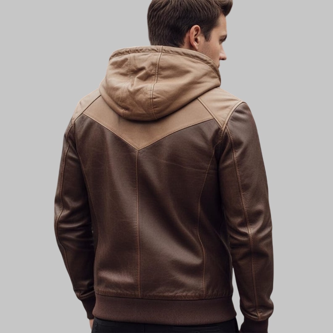 Genuine Leather Zipper Hoodie Men Handmade Brown Streetwear