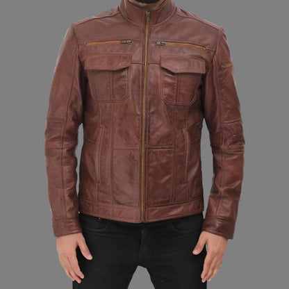 Gordon Men's Two Pockets Waxed Brown Leather Jacket