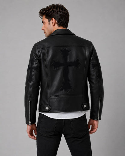 Back view showing oversized gothic cross appliqué design. by avanzar leather