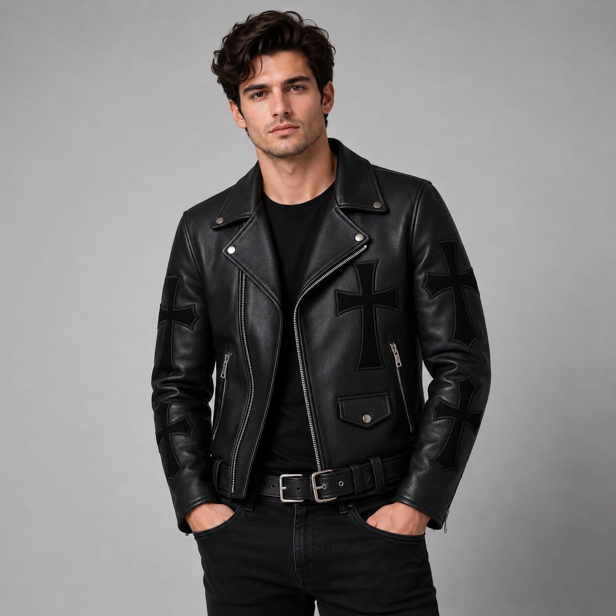 Front view of Gothic Cross Leather Biker Jacket for men. by avanzar leather