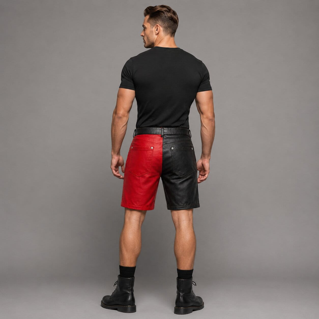 Back view gothic patchwork genuine leather shorts by avanzar leather
