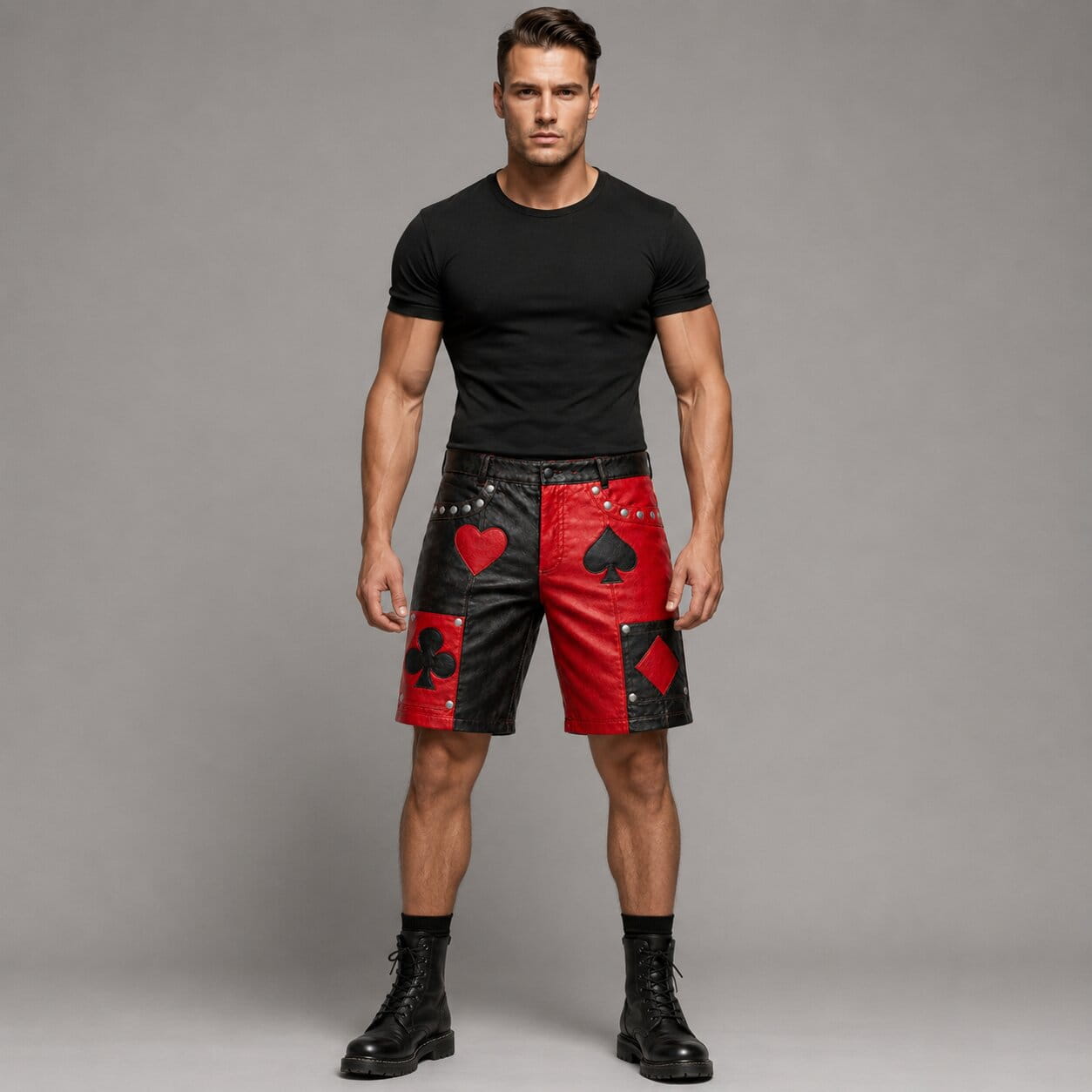 Handmade gothic leather shorts red and black patchwork front view by avanzar leather