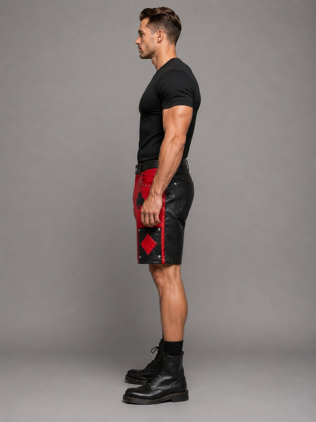 Side profile gothic leather shorts with patchwork design by avanzar leather