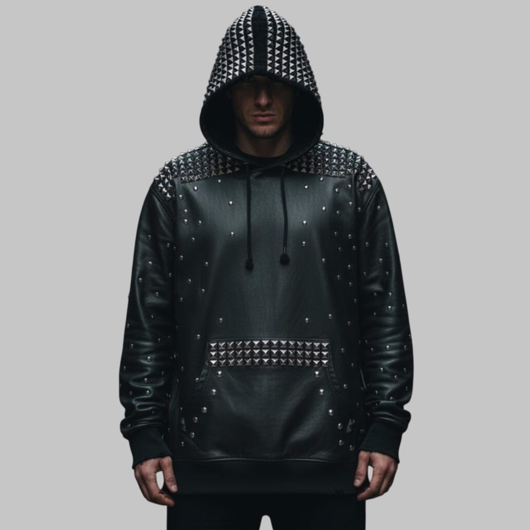 Gothic Studded Black Leather Hoodie Men Handmade Biker Jacket