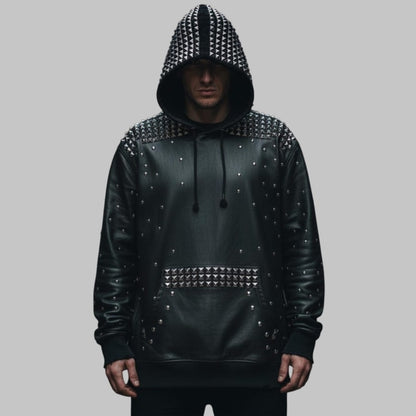 Gothic Studded Black Leather Hoodie Men Handmade Biker Jacket