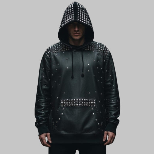 Gothic Studded Black Leather Hoodie Men Handmade Biker Jacket