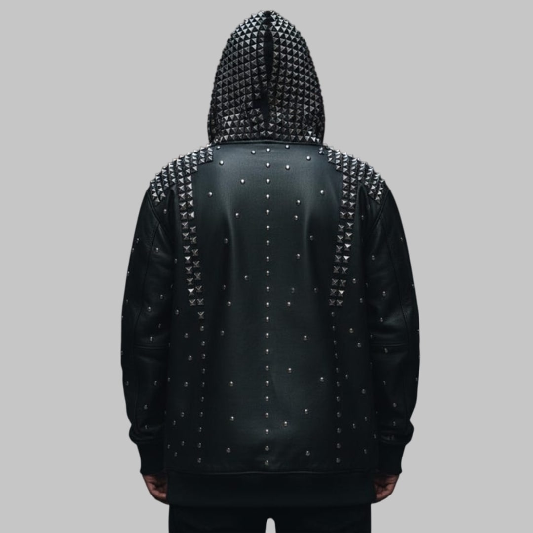 Gothic Studded Black Leather Hoodie Men Handmade Biker Jacket