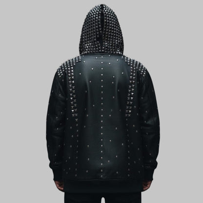 Gothic Studded Black Leather Hoodie Men Handmade Biker Jacket