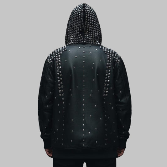 Gothic Studded Black Leather Hoodie Men Handmade Biker Jacket