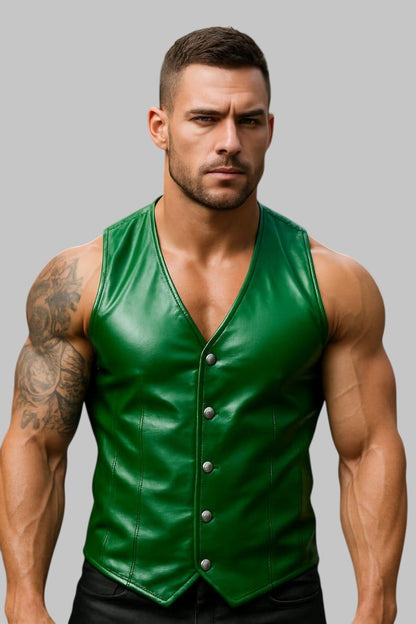 Green Studded Leather Biker Vest Muscle Fit