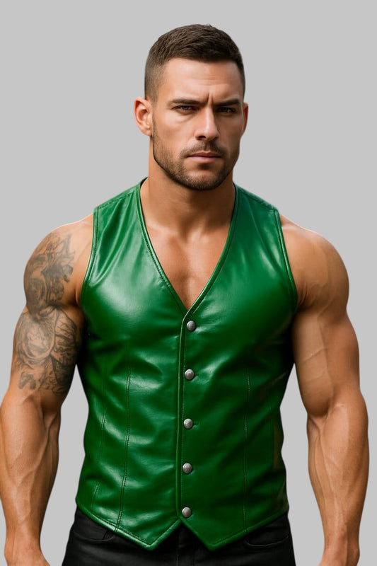 Green Studded Leather Biker Vest Muscle Fit