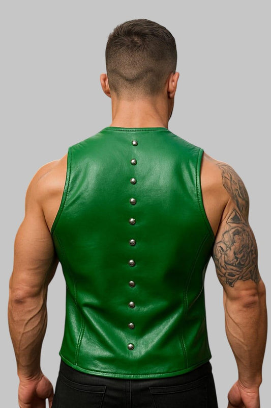 Green Studded Leather Biker Vest Muscle Fit