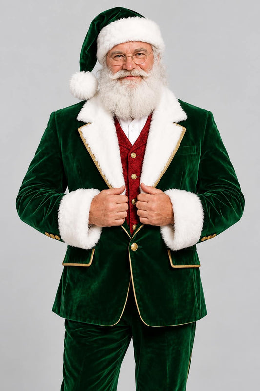 Green Velvet Santa Claus Blazer with Faux Fur Trim front view by avanzar leather