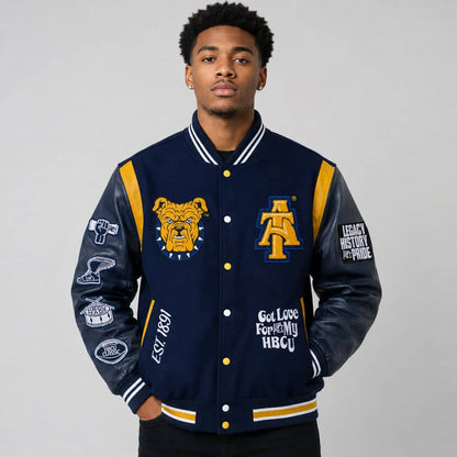 Front view of HBCU Aggie Pride varsity jacket in navy and gold. by avanzar leather