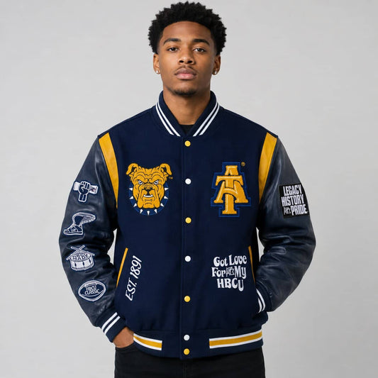Front view of HBCU Aggie Pride varsity jacket in navy and gold. by avanzar leather