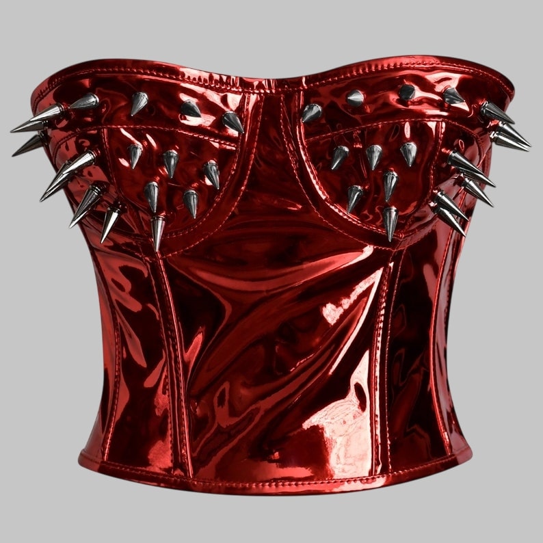 Halloween Red Spiked Corset Plus Size Patent Leather Bustier Top