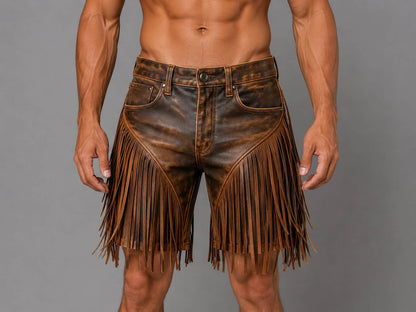 Handcrafted Brown Leather Fringe Shorts for Women & Men by avanzar leather