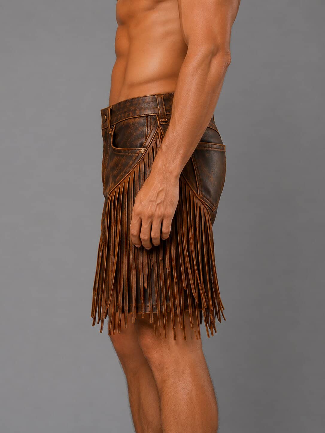 Handcrafted Brown Leather Fringe Shorts for Women & Men by avanzar leather