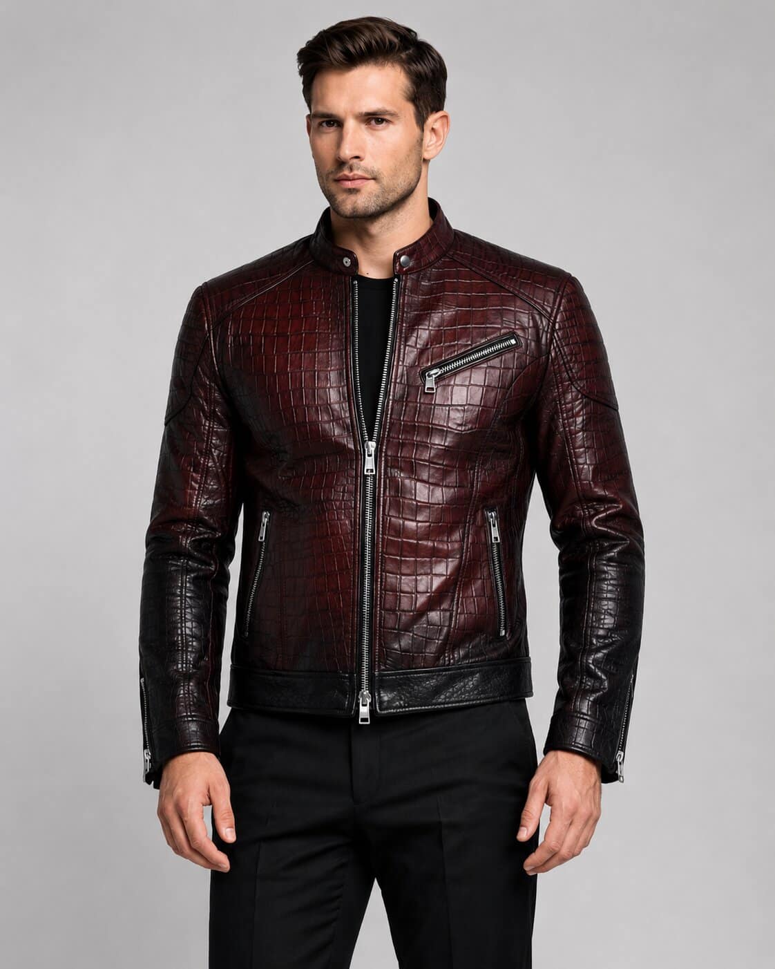 Front view handmade black burgundy crocodile embossed leather jacket by avanzar leather