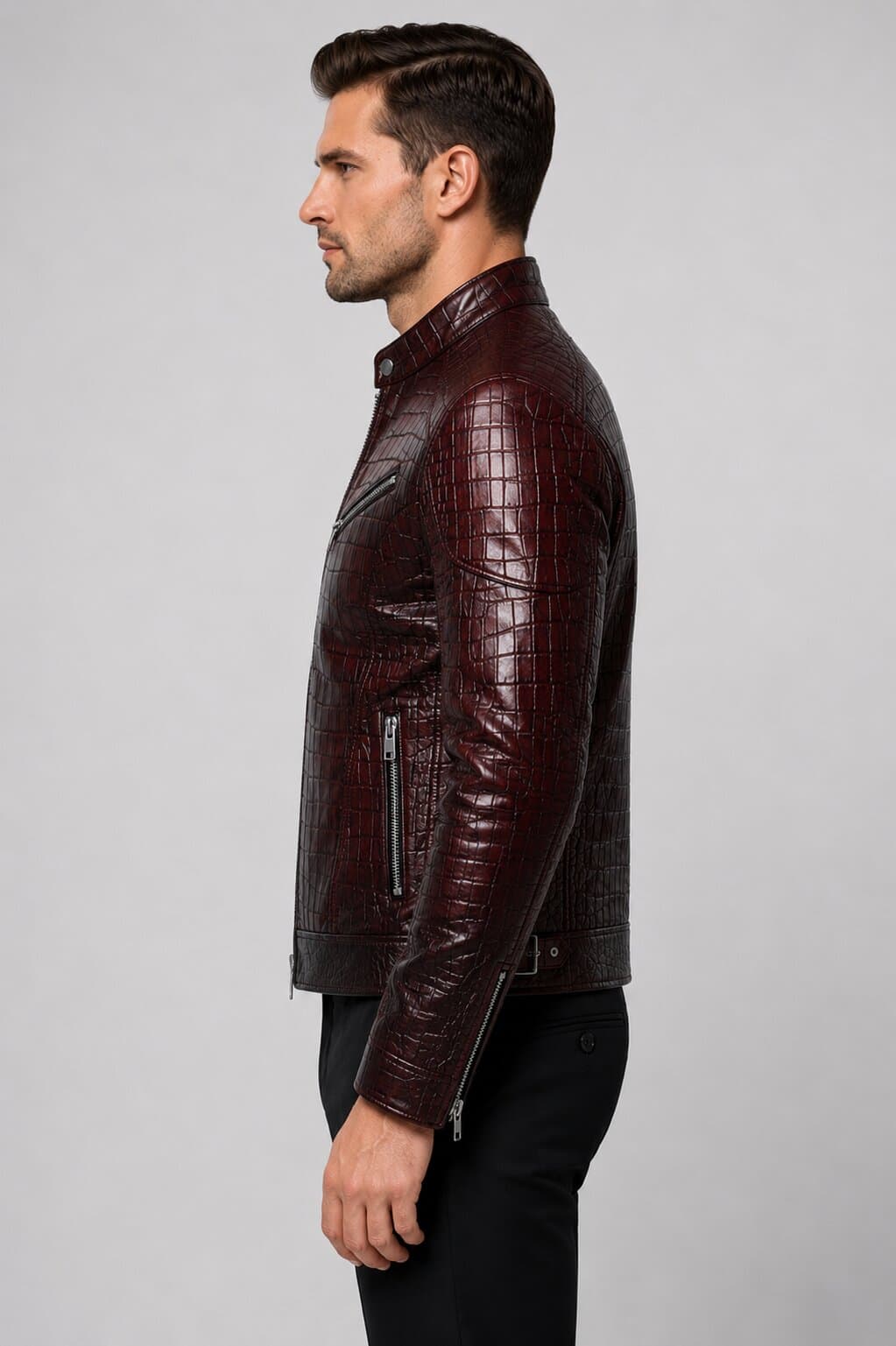 Side profile slim fit crocodile embossed leather jacket men by avanzar leather