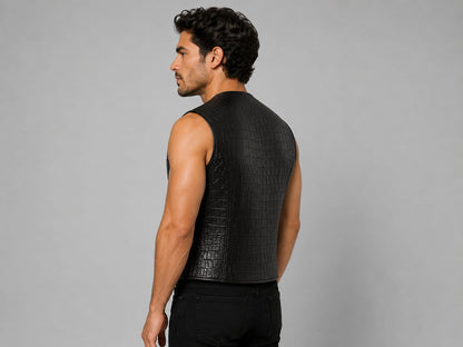 Handmade Black Crocodile Embossed Leather Vest for Men by avanzar leather