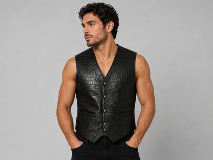 Handmade Black Crocodile Embossed Leather Vest for Men by avanzar leather