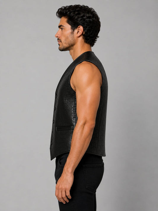 Handmade Black Crocodile Embossed Leather Vest for Men by avanzar leather