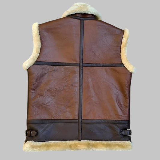 Handmade Sheepskin Leather Aviator Vest Brown Shearling B3 Bomber Style