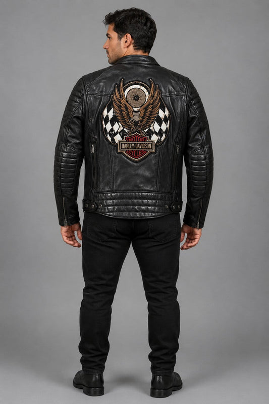 Harley Davidson Eagle Embroidery Leather Jacket for Men