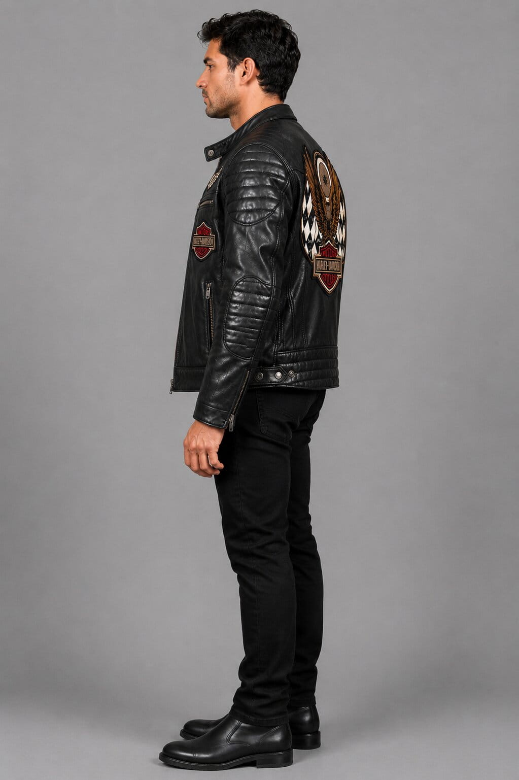 Harley Davidson Eagle Embroidery Leather Jacket for Men