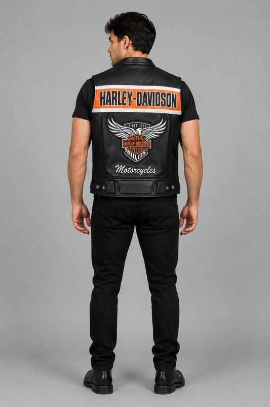 Harley Davidson Men Genuine Black Leather Motorcycle Vest