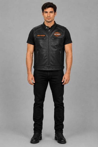 Harley Davidson Men Genuine Black Leather Motorcycle Vest