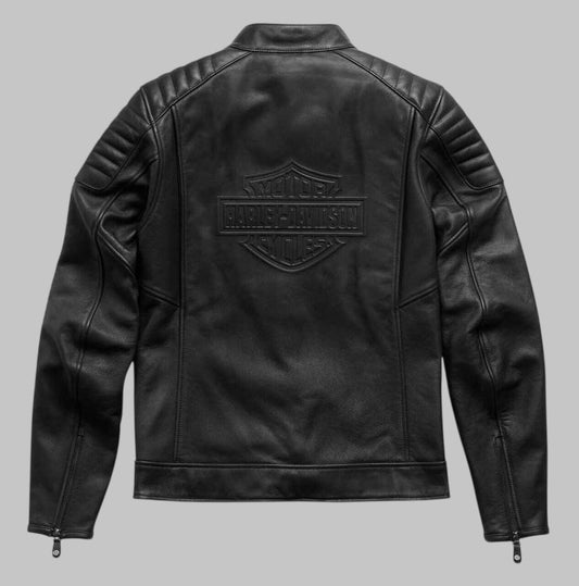 Harley Davidson Embossed Logo Padded Black Leather Biker Jacket for Men
