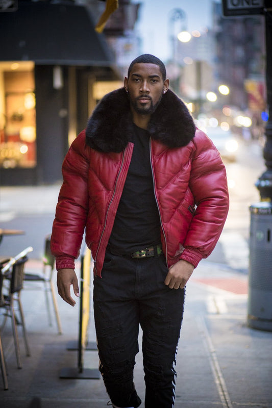 Premium Avanzar Red Men’s V-Bomber Jacket with Black Fur