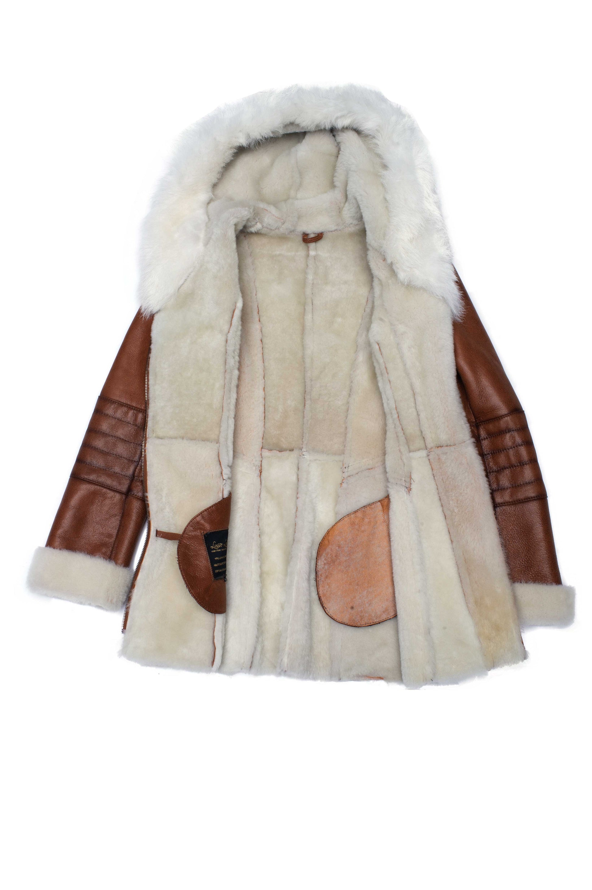 Ayva's Tan Shearling Coat with Fox Fur Trim Hoodie