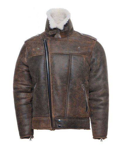 Carter's Distressed Biker Bomber Shearling Jacket with Notch Lapels