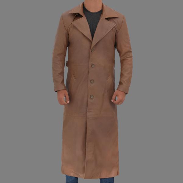 Jackson Men's Leather Long Brown Trench Coat