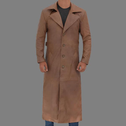 Jackson Men's Leather Long Brown Trench Coat