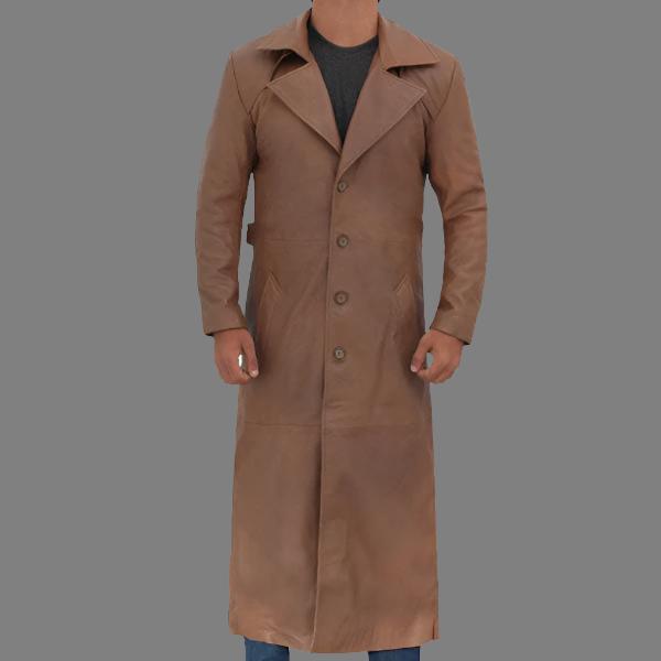 Jackson Men's Leather Long Brown Trench Coat