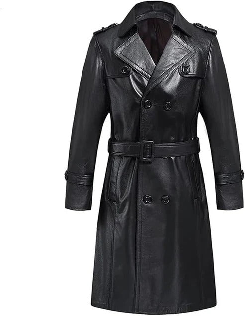 Belted Leather Trench Coat with Gun Flap Classic Military-Inspired Design