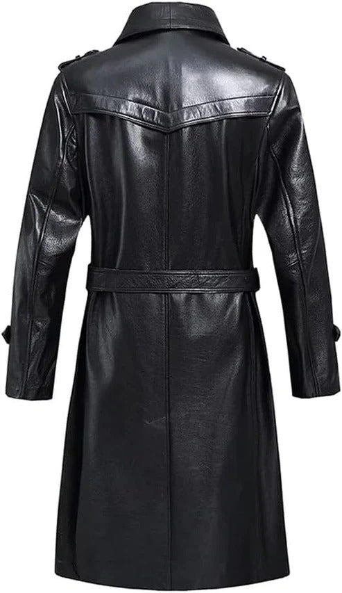 Belted Leather Trench Coat with Gun Flap Classic Military-Inspired Design