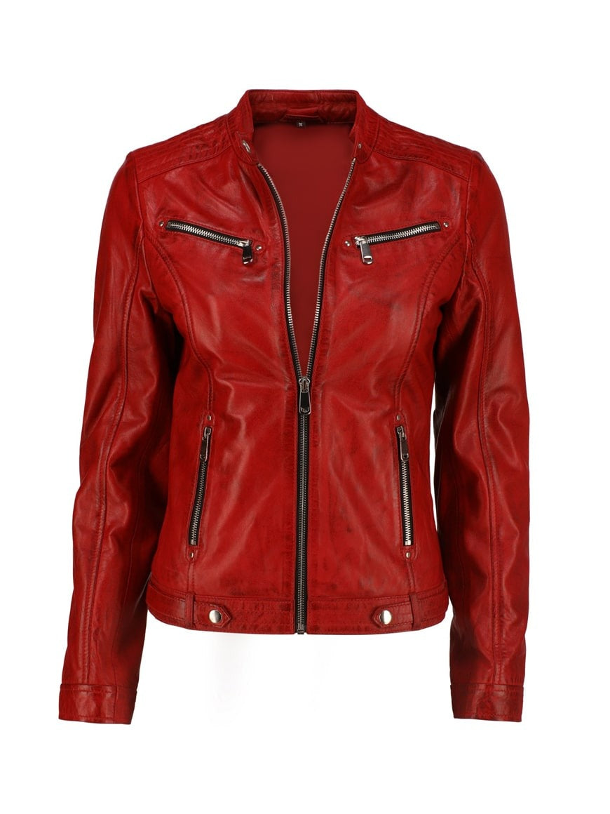 Ladies Real Leather Stylish Biker Red Jacket - Avanzar Leather