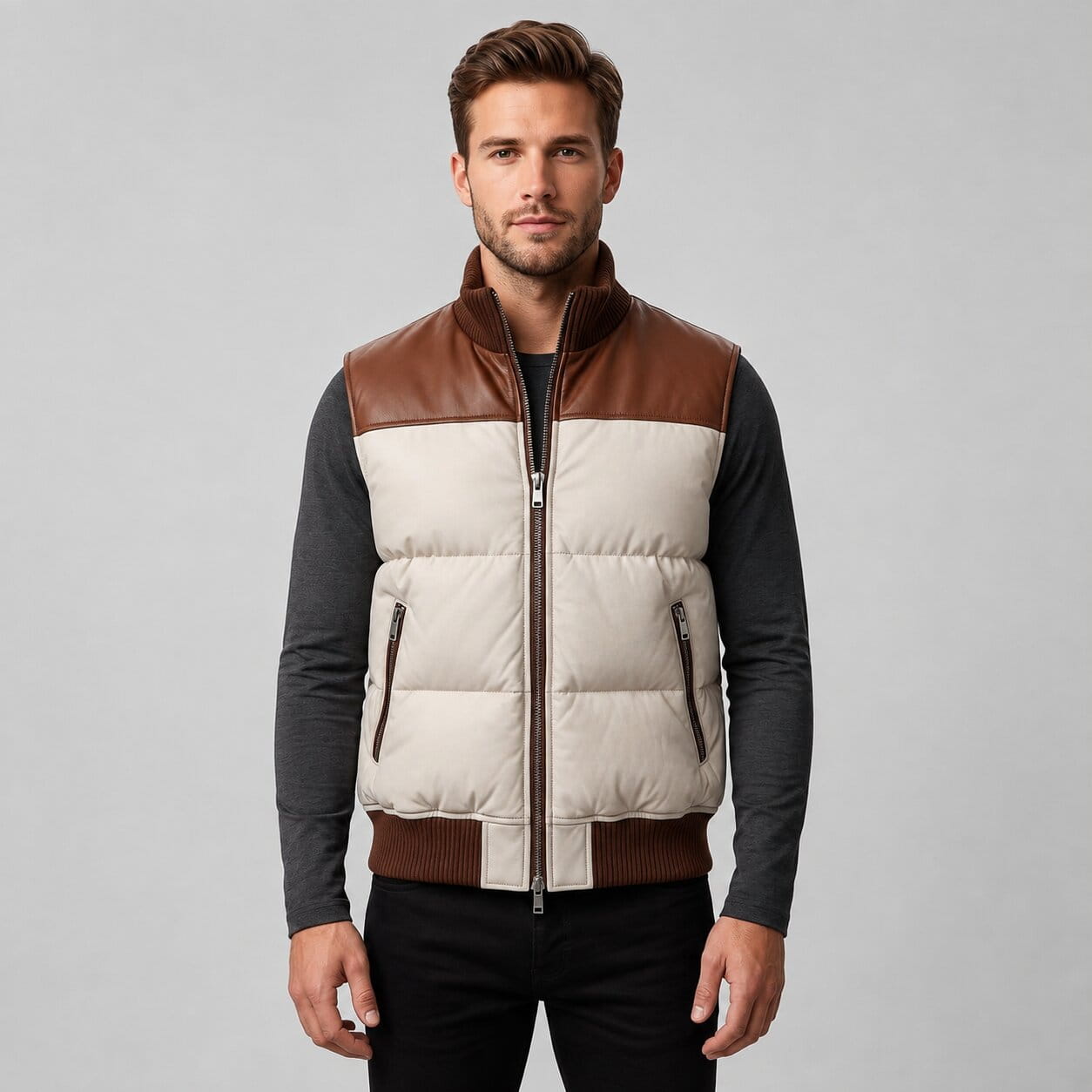 Layer Up In Style With A Men Genuine Leather Puffer Vest front view by avanzar leather