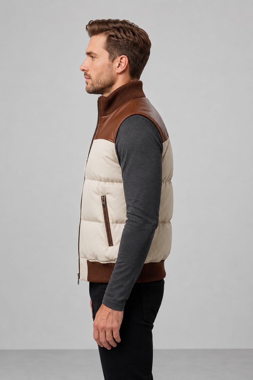 Layer Up In Style With A Men Genuine Leather Puffer Vest sid view by avanzar leather