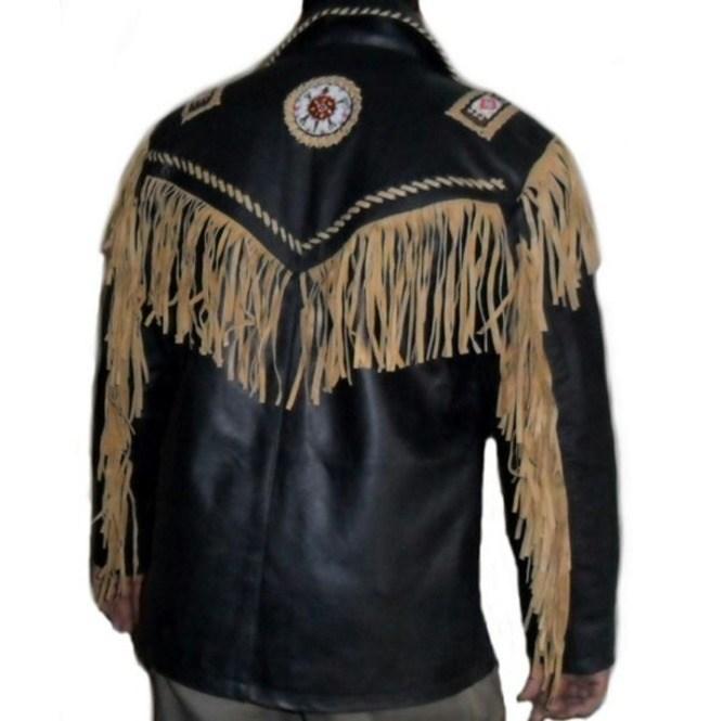 Men’s Black and Beige Western Leather Jacket - Cowboy Style with Fringe